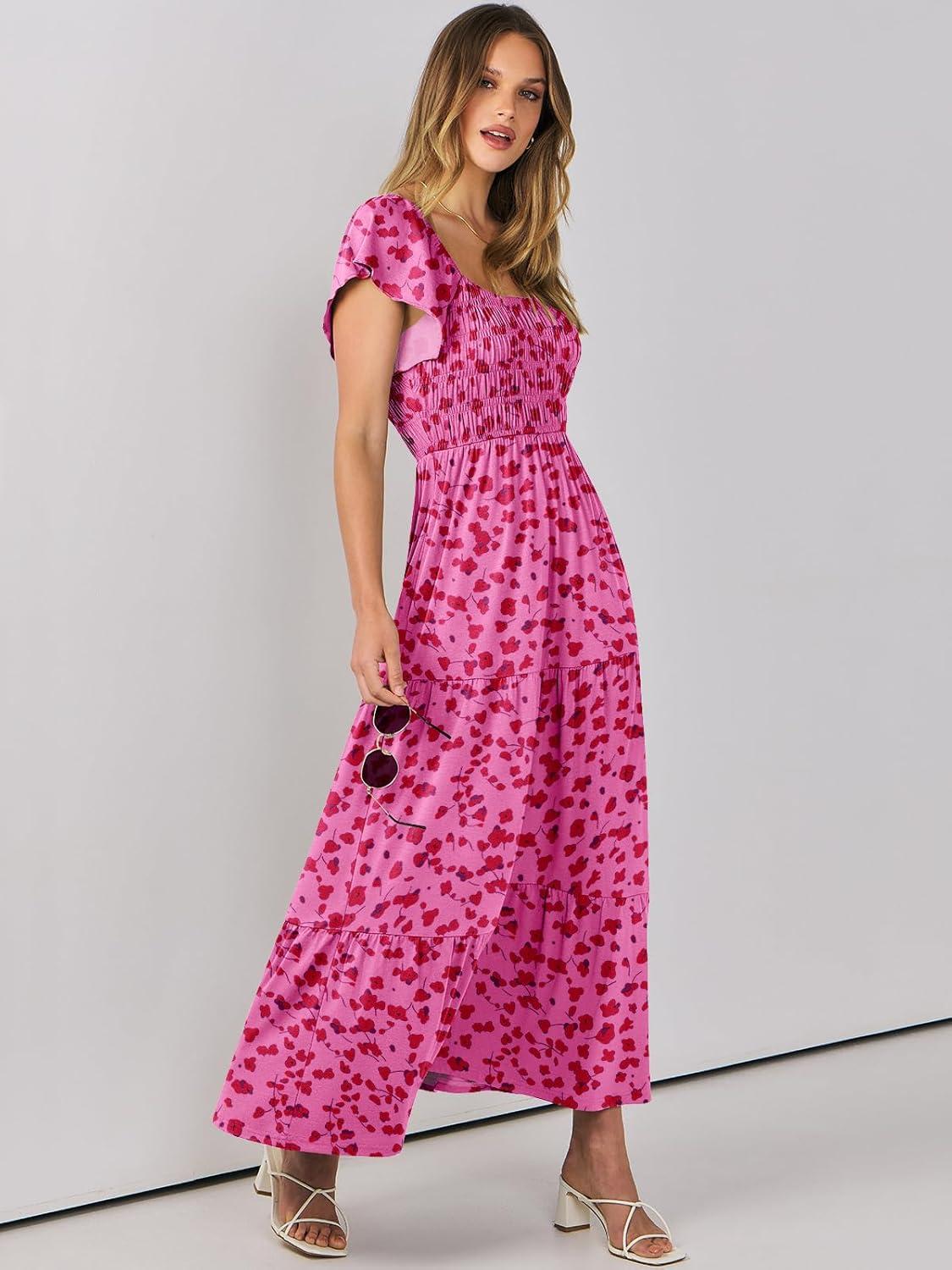 imageANRABESS Womens Casual Summer Maxi Dress Flutter Short Sleeve Scoop Neck Smocked A Line Flowy Beach Vacation Long DressesRose Red Floral