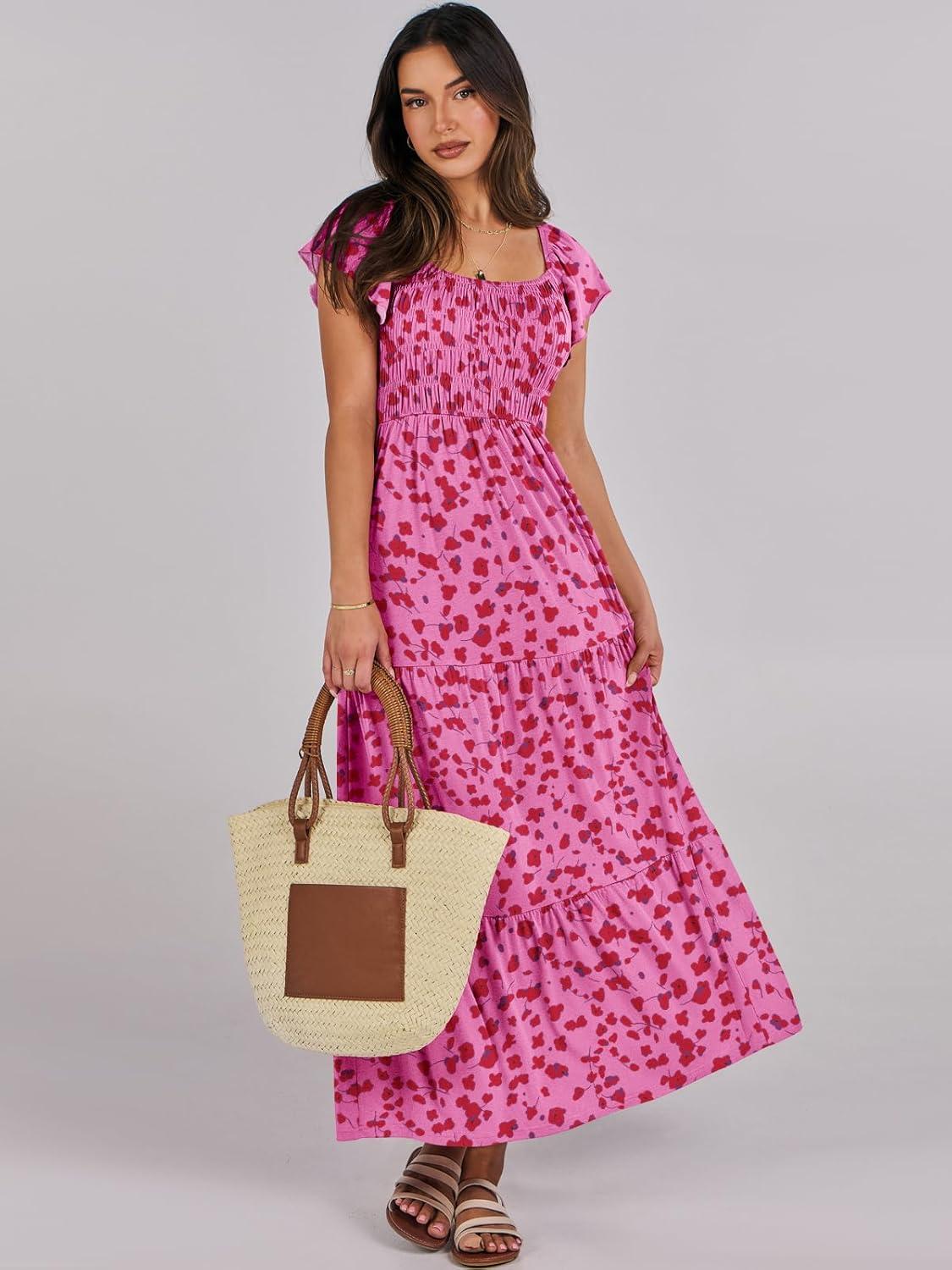 imageANRABESS Womens Casual Summer Maxi Dress Flutter Short Sleeve Scoop Neck Smocked A Line Flowy Beach Vacation Long DressesRose Red Floral