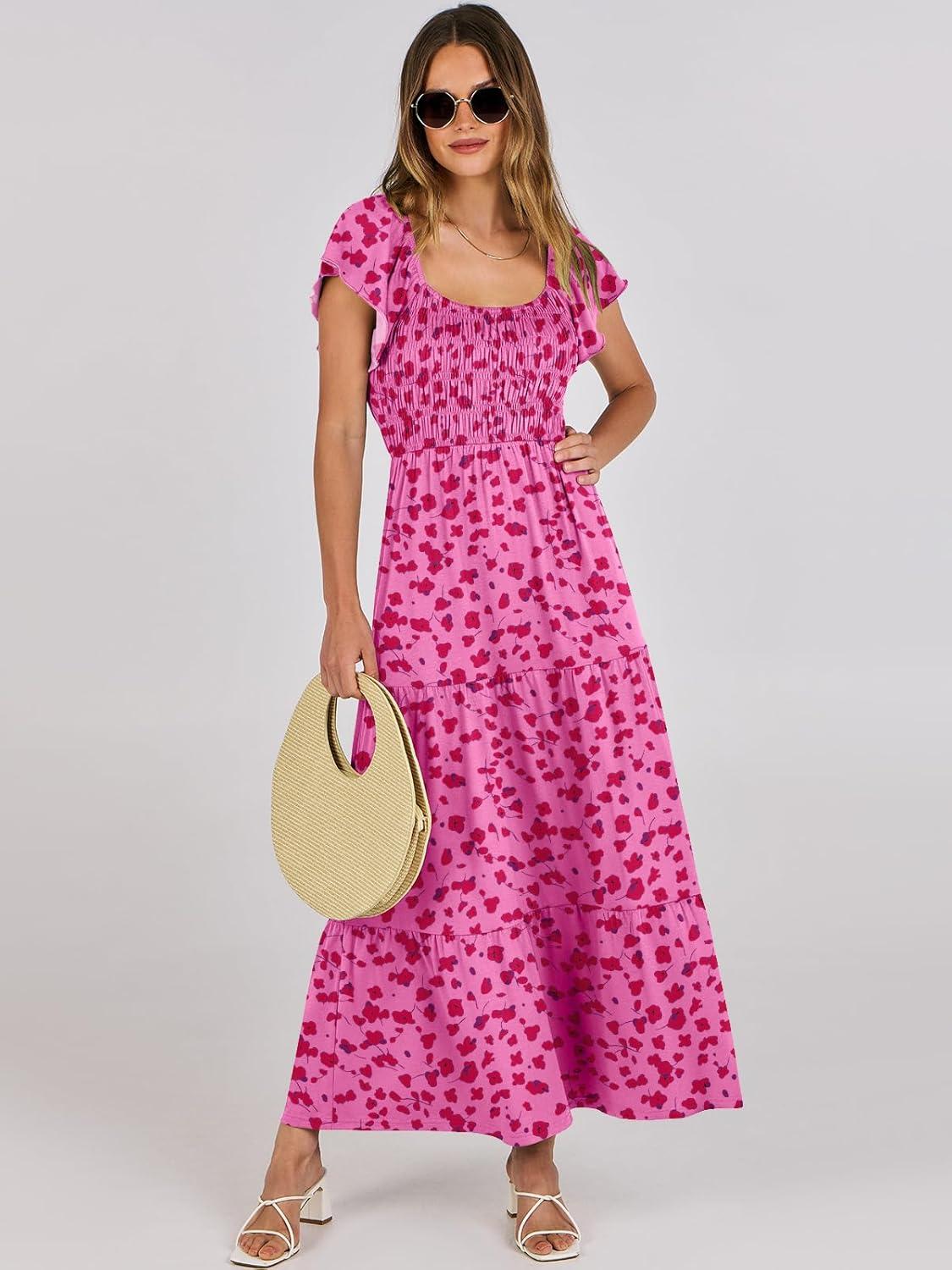 imageANRABESS Womens Casual Summer Maxi Dress Flutter Short Sleeve Scoop Neck Smocked A Line Flowy Beach Vacation Long DressesRose Red Floral