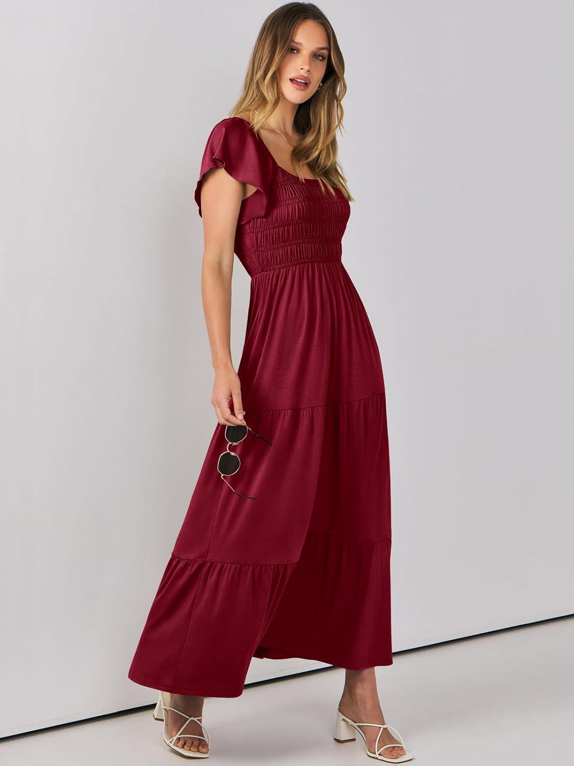 imageANRABESS Womens Casual Summer Maxi Dress Flutter Short Sleeve Scoop Neck Smocked A Line Flowy Beach Vacation Long DressesWine Red