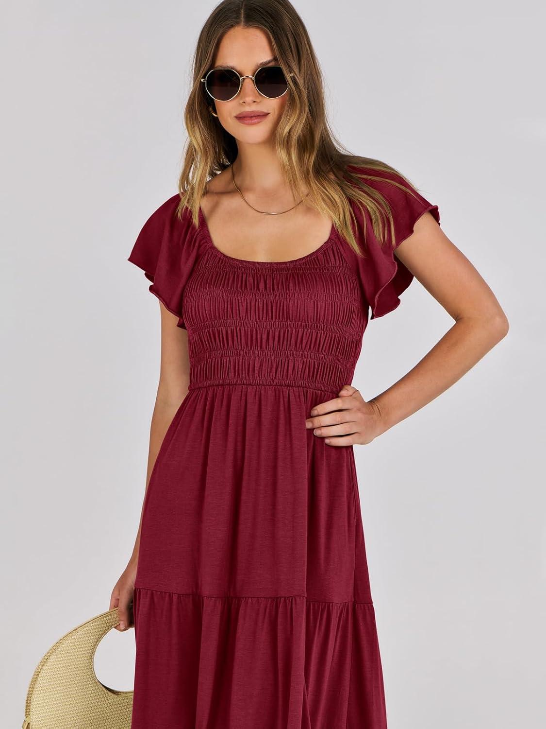 imageANRABESS Womens Casual Summer Maxi Dress Flutter Short Sleeve Scoop Neck Smocked A Line Flowy Beach Vacation Long DressesWine Red