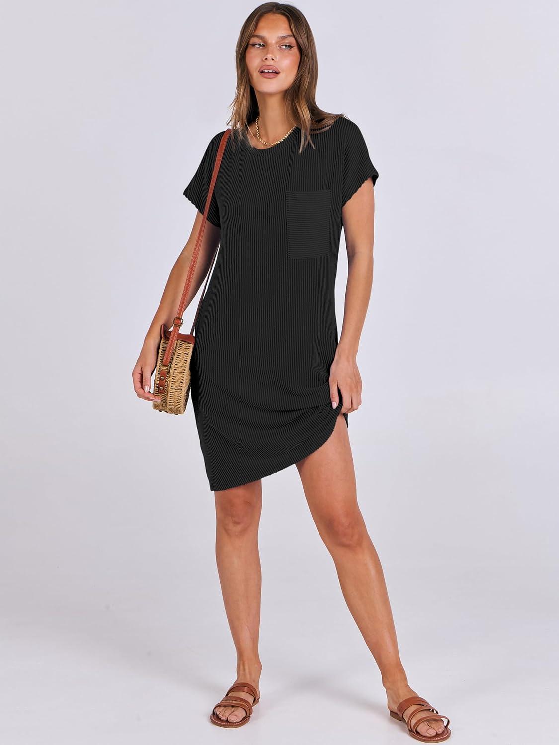 imageANRABESS Womens Casual Summer Ribbed Knit Tunic Tshirt Mini Dresses 2025 Trendy Crewneck Short Sleeve Beach Loose Shift DressBlack