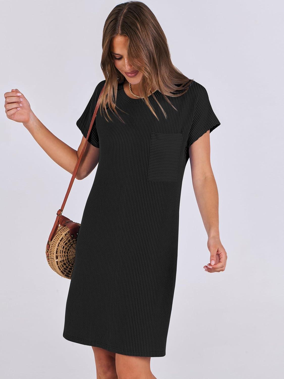 imageANRABESS Womens Casual Summer Ribbed Knit Tunic Tshirt Mini Dresses 2025 Trendy Crewneck Short Sleeve Beach Loose Shift DressBlack