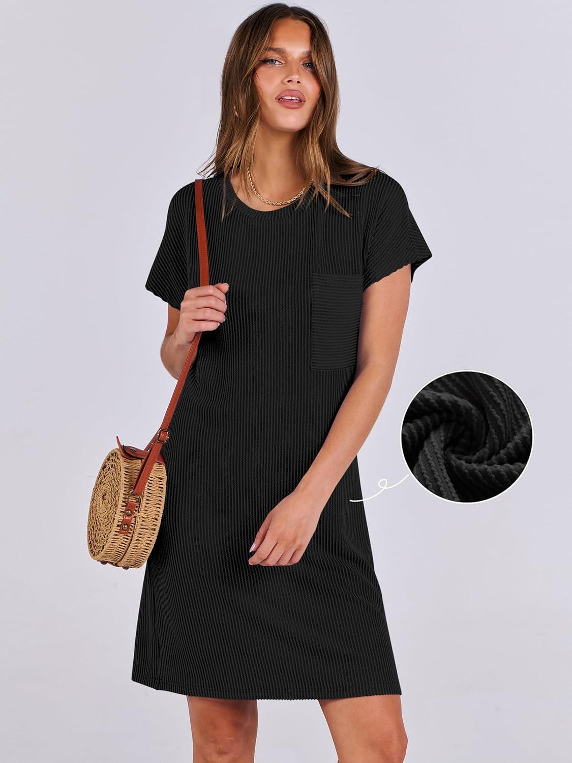 imageANRABESS Womens Casual Summer Ribbed Knit Tunic Tshirt Mini Dresses 2025 Trendy Crewneck Short Sleeve Beach Loose Shift DressBlack