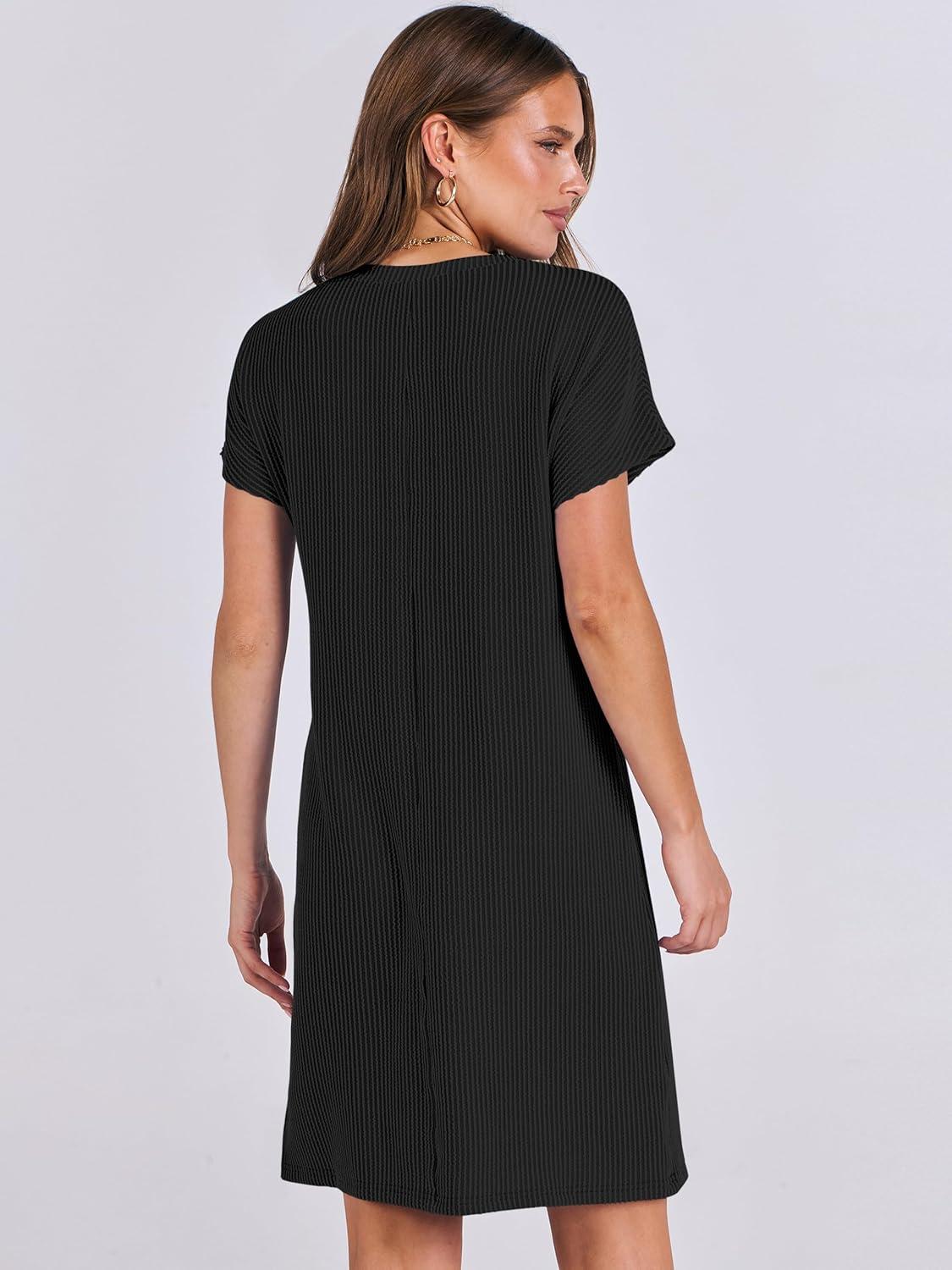 imageANRABESS Womens Casual Summer Ribbed Knit Tunic Tshirt Mini Dresses 2025 Trendy Crewneck Short Sleeve Beach Loose Shift DressBlack