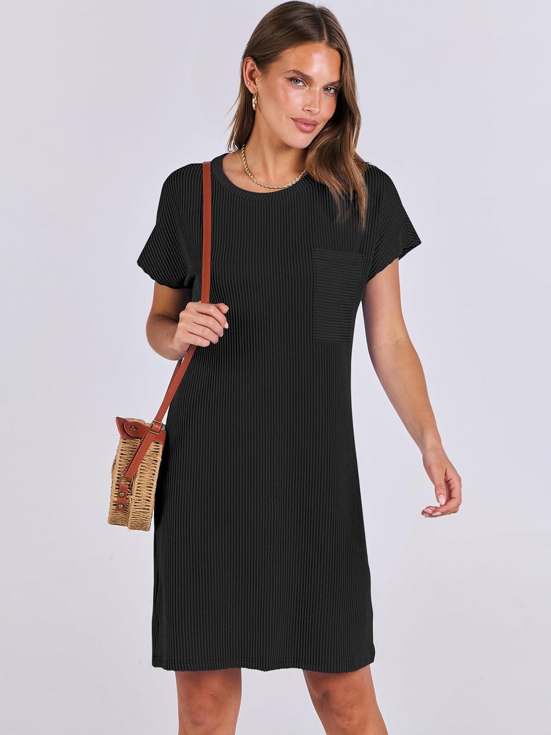 imageANRABESS Womens Casual Summer Ribbed Knit Tunic Tshirt Mini Dresses 2025 Trendy Crewneck Short Sleeve Beach Loose Shift DressBlack