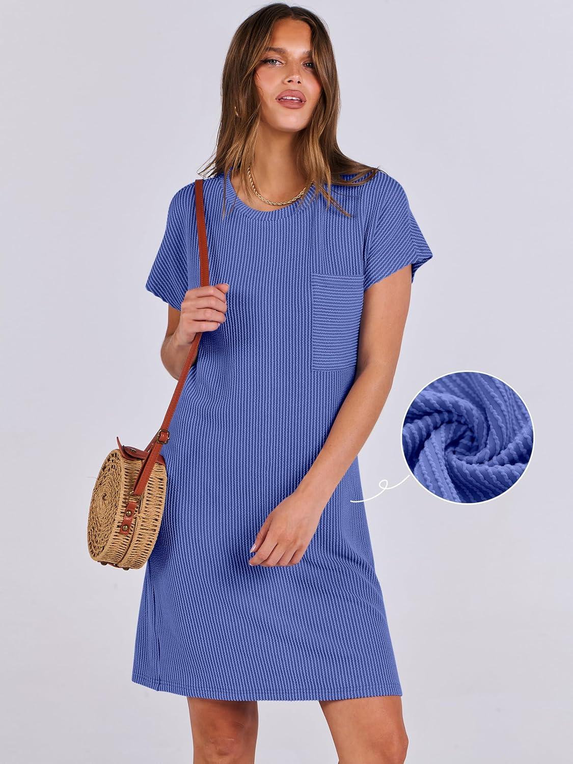 imageANRABESS Womens Casual Summer Ribbed Knit Tunic Tshirt Mini Dresses 2025 Trendy Crewneck Short Sleeve Beach Loose Shift DressBlue