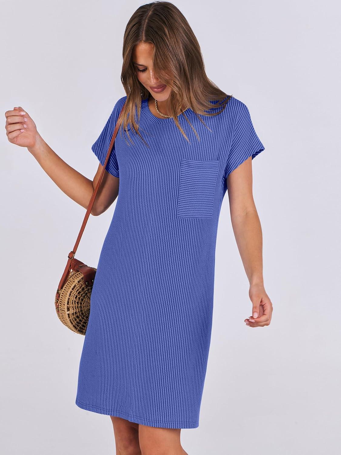 imageANRABESS Womens Casual Summer Ribbed Knit Tunic Tshirt Mini Dresses 2025 Trendy Crewneck Short Sleeve Beach Loose Shift DressBlue