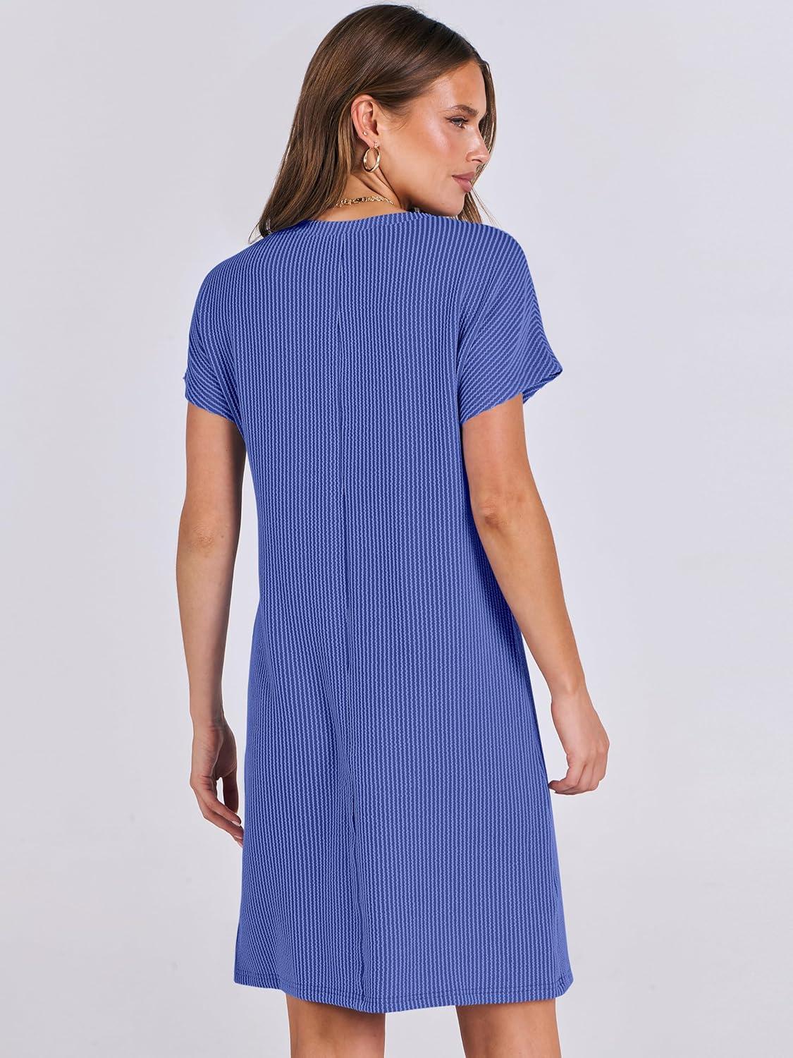 imageANRABESS Womens Casual Summer Ribbed Knit Tunic Tshirt Mini Dresses 2025 Trendy Crewneck Short Sleeve Beach Loose Shift DressBlue