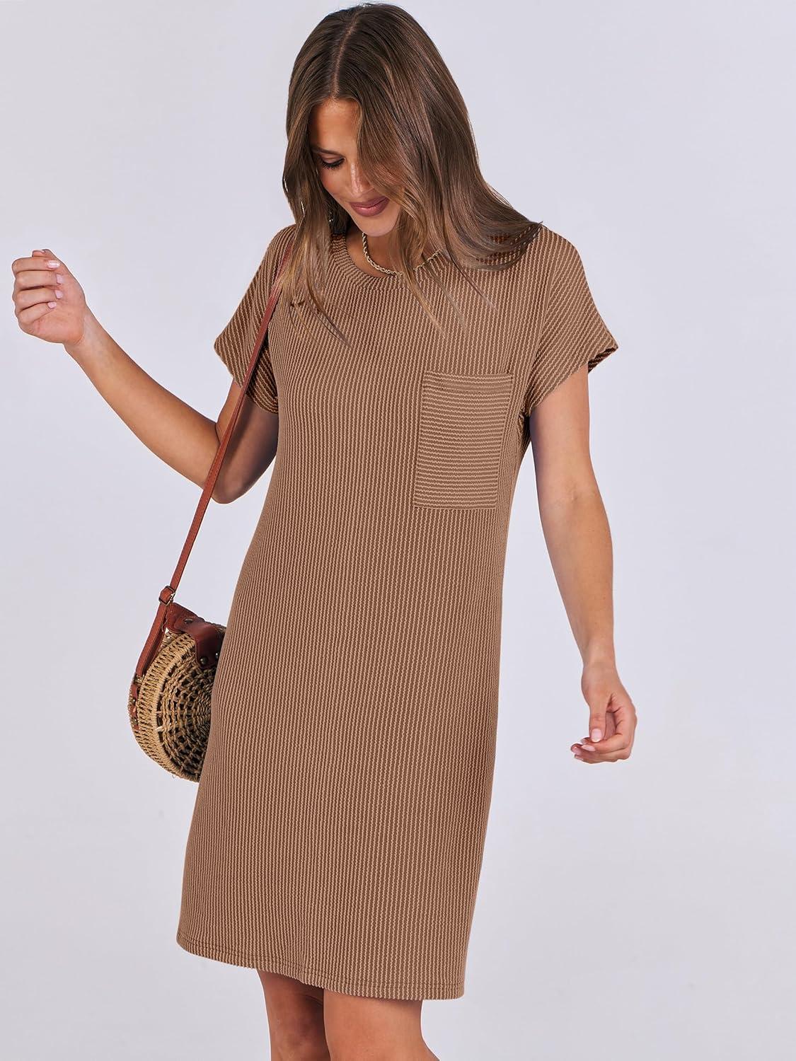 imageANRABESS Womens Casual Summer Ribbed Knit Tunic Tshirt Mini Dresses 2025 Trendy Crewneck Short Sleeve Beach Loose Shift DressBrown