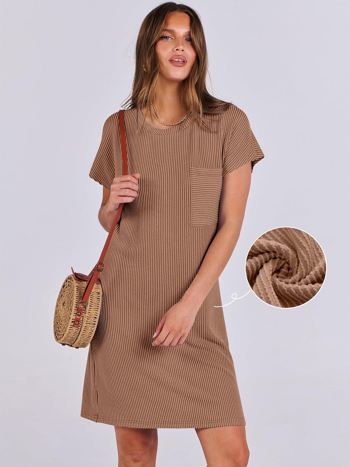 imageANRABESS Womens Casual Summer Ribbed Knit Tunic Tshirt Mini Dresses 2025 Trendy Crewneck Short Sleeve Beach Loose Shift DressBrown