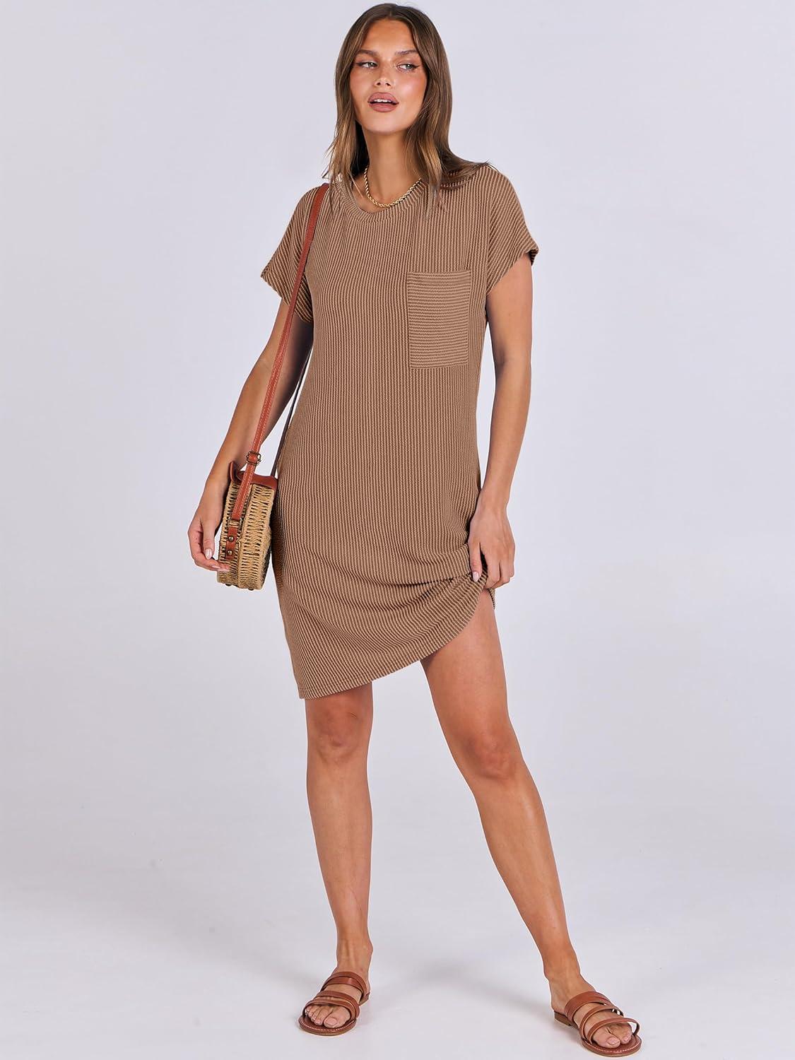 imageANRABESS Womens Casual Summer Ribbed Knit Tunic Tshirt Mini Dresses 2025 Trendy Crewneck Short Sleeve Beach Loose Shift DressBrown