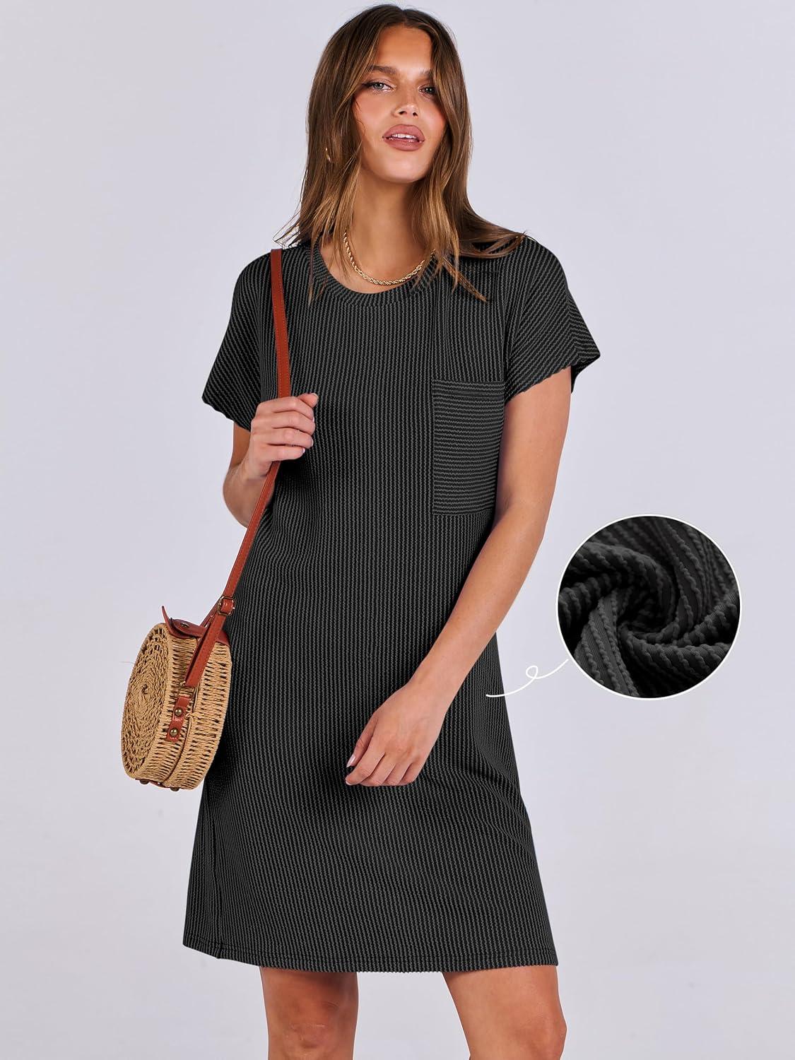 imageANRABESS Womens Casual Summer Ribbed Knit Tunic Tshirt Mini Dresses 2025 Trendy Crewneck Short Sleeve Beach Loose Shift DressDark Gray