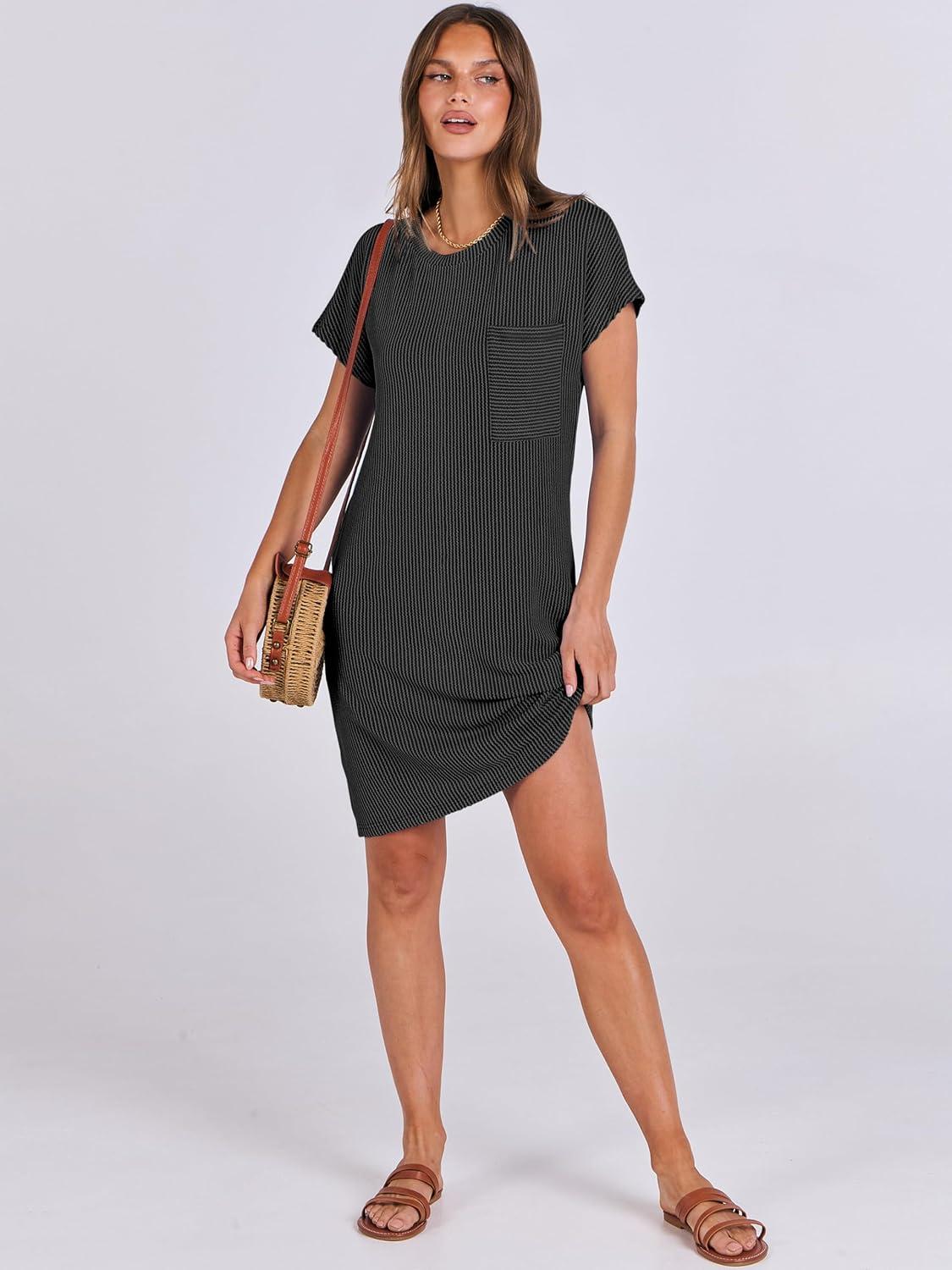 imageANRABESS Womens Casual Summer Ribbed Knit Tunic Tshirt Mini Dresses 2025 Trendy Crewneck Short Sleeve Beach Loose Shift DressDark Gray