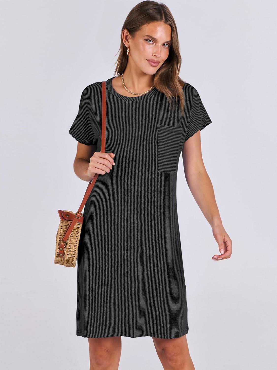 imageANRABESS Womens Casual Summer Ribbed Knit Tunic Tshirt Mini Dresses 2025 Trendy Crewneck Short Sleeve Beach Loose Shift DressDark Gray