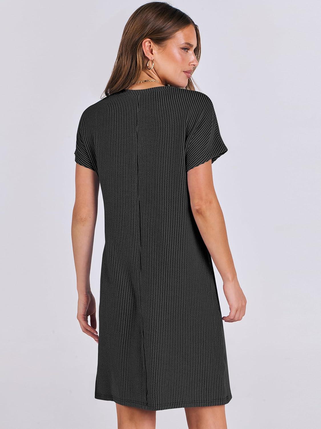 imageANRABESS Womens Casual Summer Ribbed Knit Tunic Tshirt Mini Dresses 2025 Trendy Crewneck Short Sleeve Beach Loose Shift DressDark Gray
