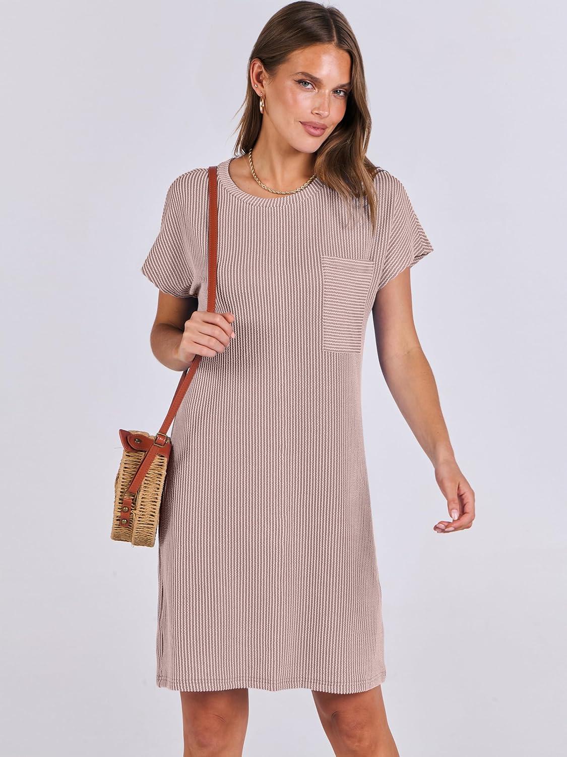 imageANRABESS Womens Casual Summer Ribbed Knit Tunic Tshirt Mini Dresses 2025 Trendy Crewneck Short Sleeve Beach Loose Shift DressDark Khaki