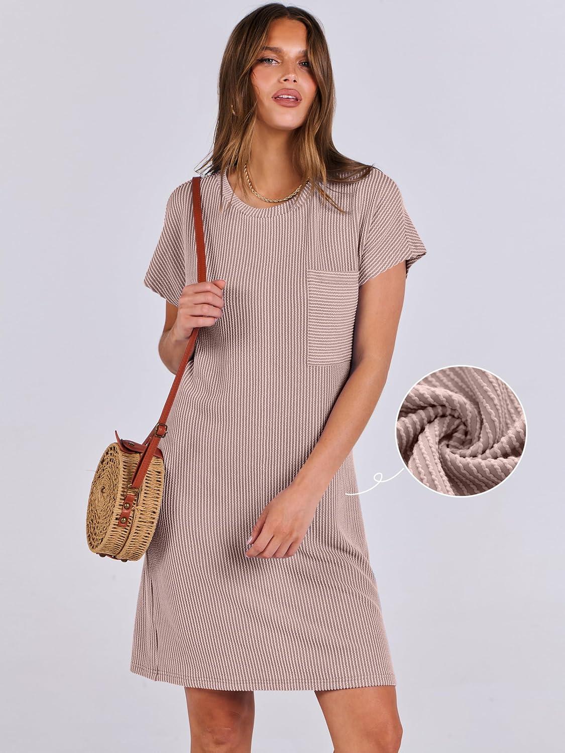 imageANRABESS Womens Casual Summer Ribbed Knit Tunic Tshirt Mini Dresses 2025 Trendy Crewneck Short Sleeve Beach Loose Shift DressDark Khaki