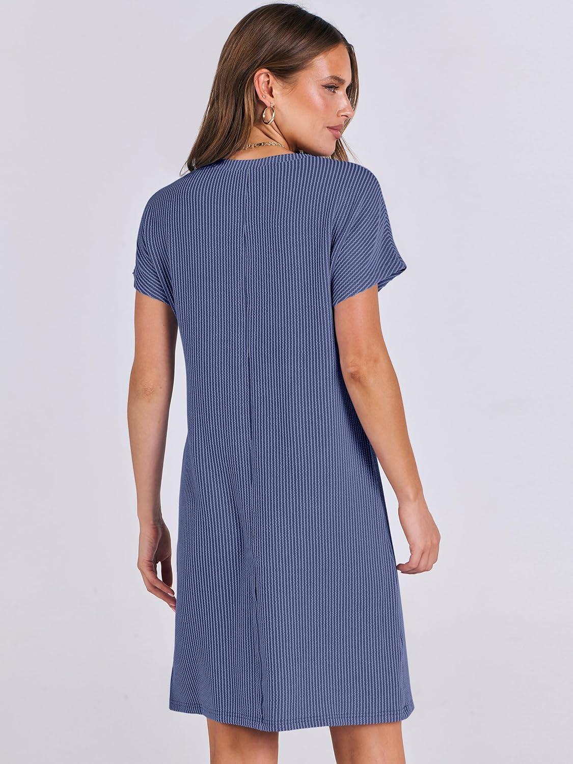 imageANRABESS Womens Casual Summer Ribbed Knit Tunic Tshirt Mini Dresses 2025 Trendy Crewneck Short Sleeve Beach Loose Shift DressDrak Blue