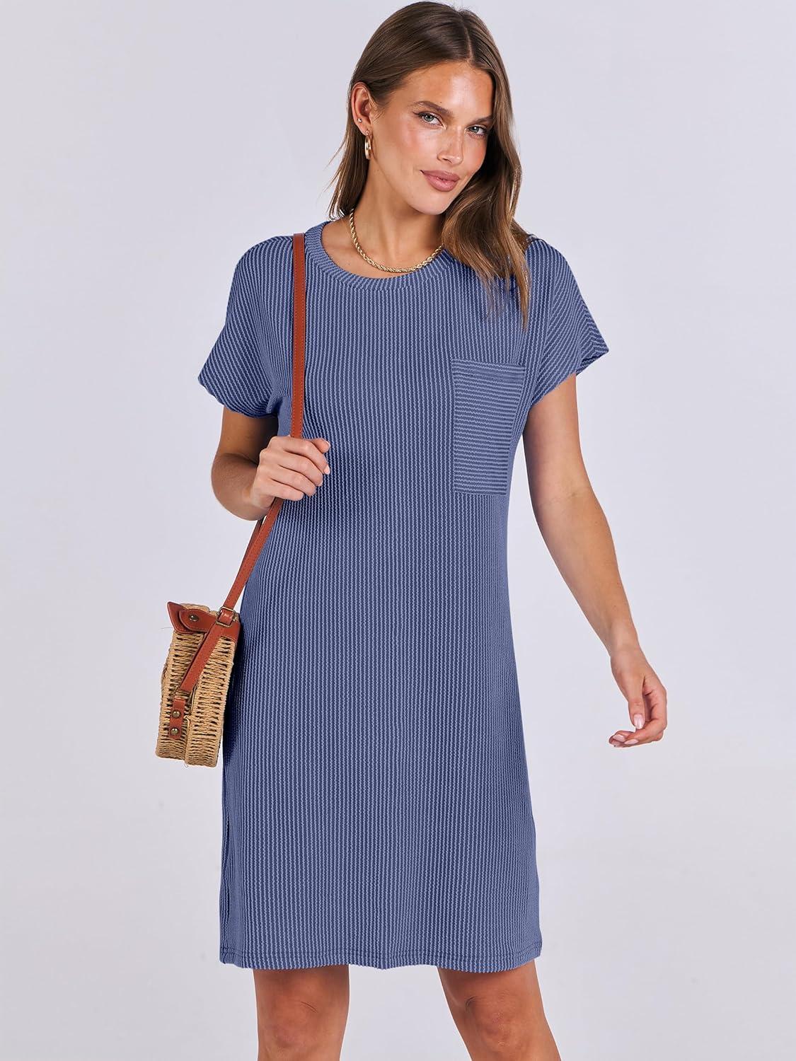 imageANRABESS Womens Casual Summer Ribbed Knit Tunic Tshirt Mini Dresses 2025 Trendy Crewneck Short Sleeve Beach Loose Shift DressDrak Blue