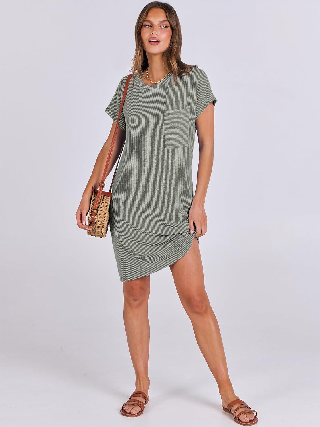 imageANRABESS Womens Casual Summer Ribbed Knit Tunic Tshirt Mini Dresses 2025 Trendy Crewneck Short Sleeve Beach Loose Shift DressGray Green