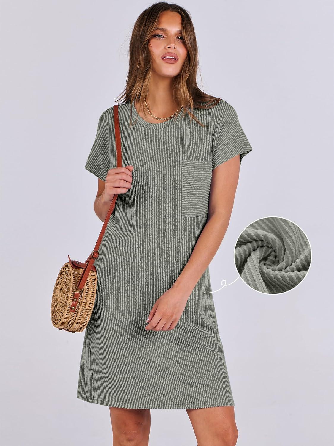 imageANRABESS Womens Casual Summer Ribbed Knit Tunic Tshirt Mini Dresses 2025 Trendy Crewneck Short Sleeve Beach Loose Shift DressGray Green