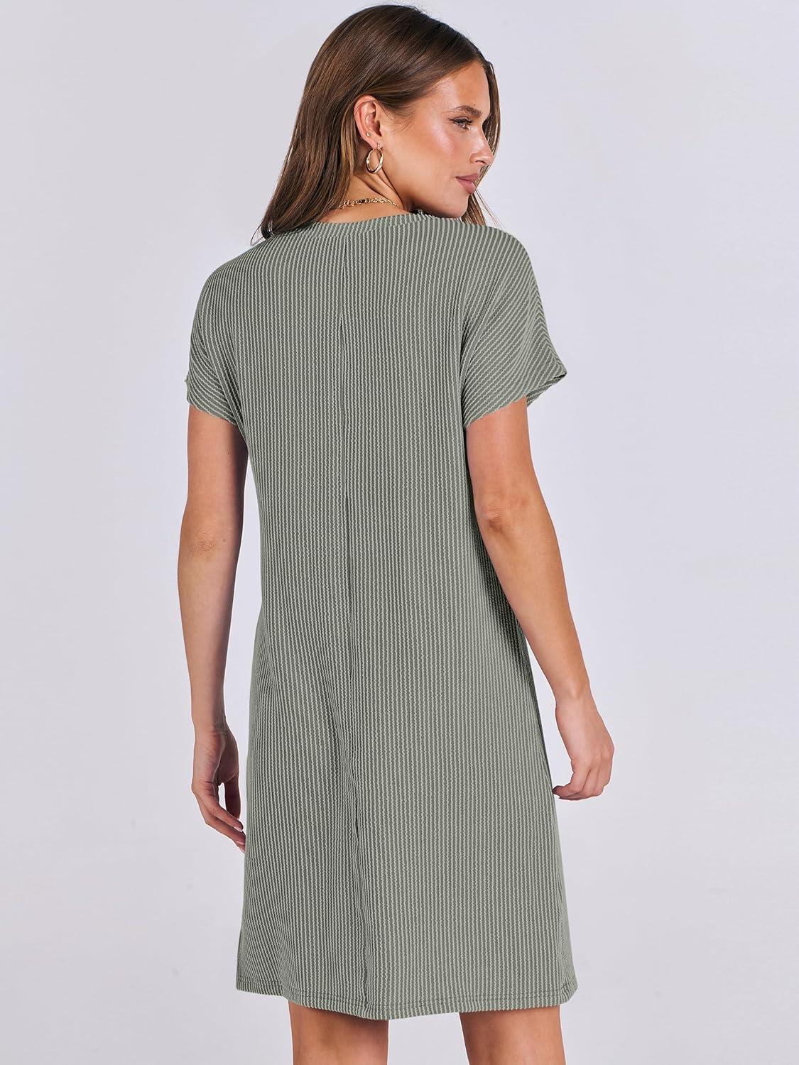 imageANRABESS Womens Casual Summer Ribbed Knit Tunic Tshirt Mini Dresses 2025 Trendy Crewneck Short Sleeve Beach Loose Shift DressGray Green