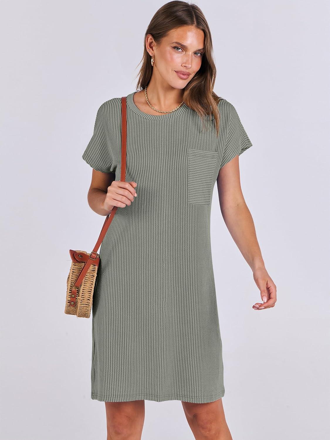 imageANRABESS Womens Casual Summer Ribbed Knit Tunic Tshirt Mini Dresses 2025 Trendy Crewneck Short Sleeve Beach Loose Shift DressGray Green