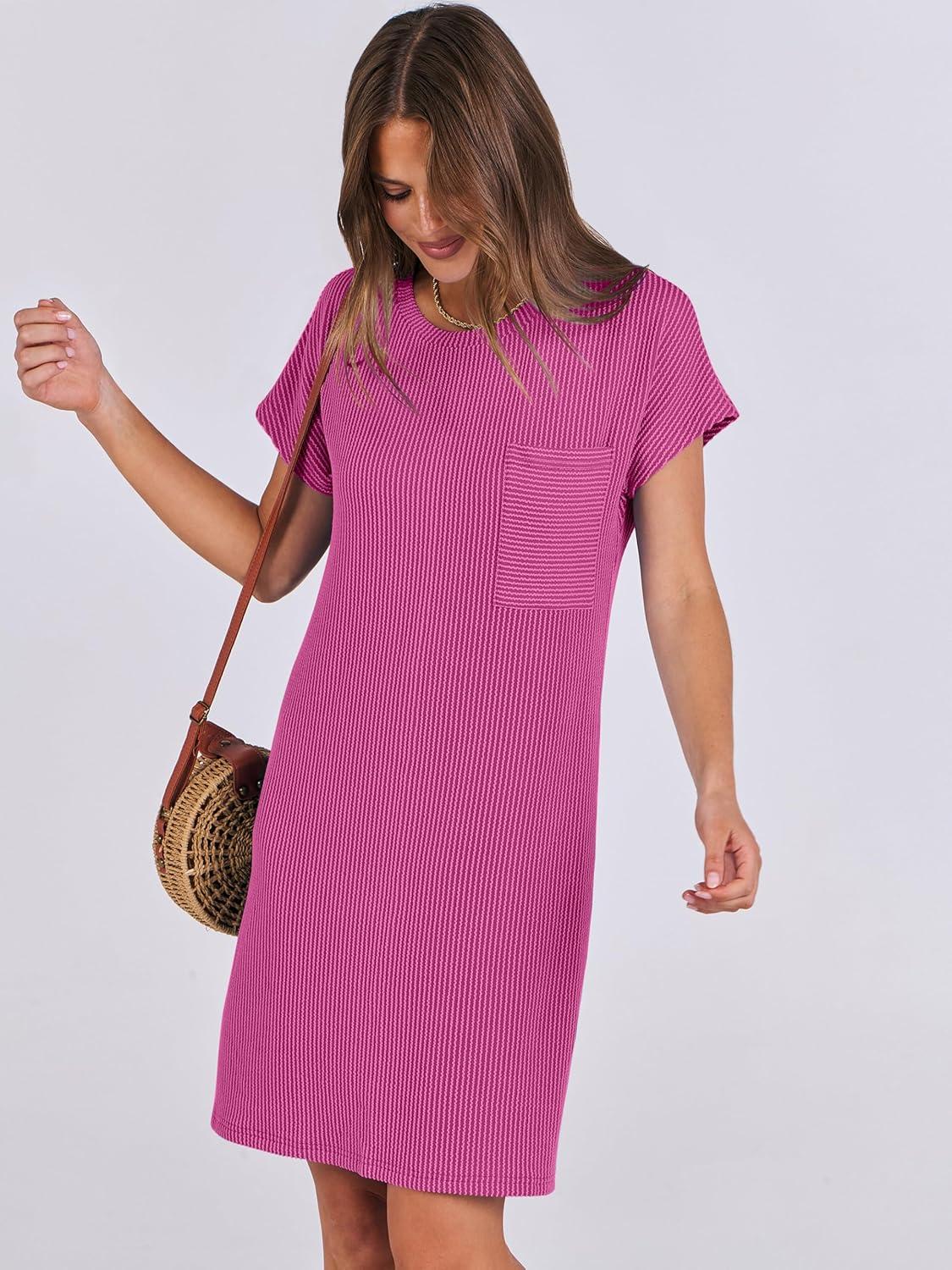 imageANRABESS Womens Casual Summer Ribbed Knit Tunic Tshirt Mini Dresses 2025 Trendy Crewneck Short Sleeve Beach Loose Shift DressHot Pink