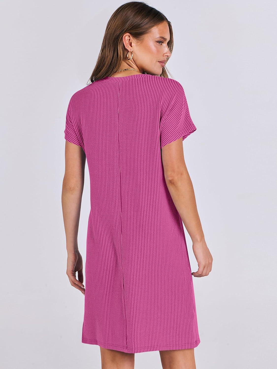 imageANRABESS Womens Casual Summer Ribbed Knit Tunic Tshirt Mini Dresses 2025 Trendy Crewneck Short Sleeve Beach Loose Shift DressHot Pink
