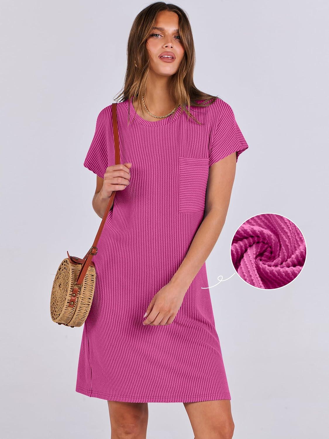 imageANRABESS Womens Casual Summer Ribbed Knit Tunic Tshirt Mini Dresses 2025 Trendy Crewneck Short Sleeve Beach Loose Shift DressHot Pink