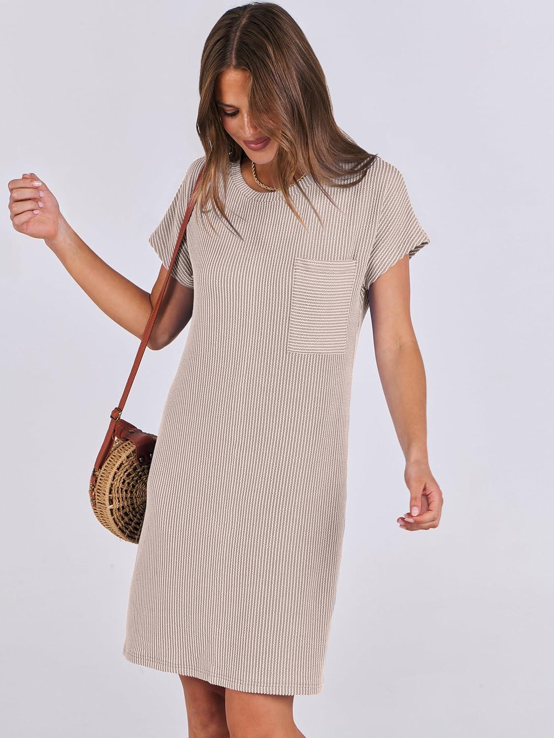 imageANRABESS Womens Casual Summer Ribbed Knit Tunic Tshirt Mini Dresses 2025 Trendy Crewneck Short Sleeve Beach Loose Shift DressKhaki
