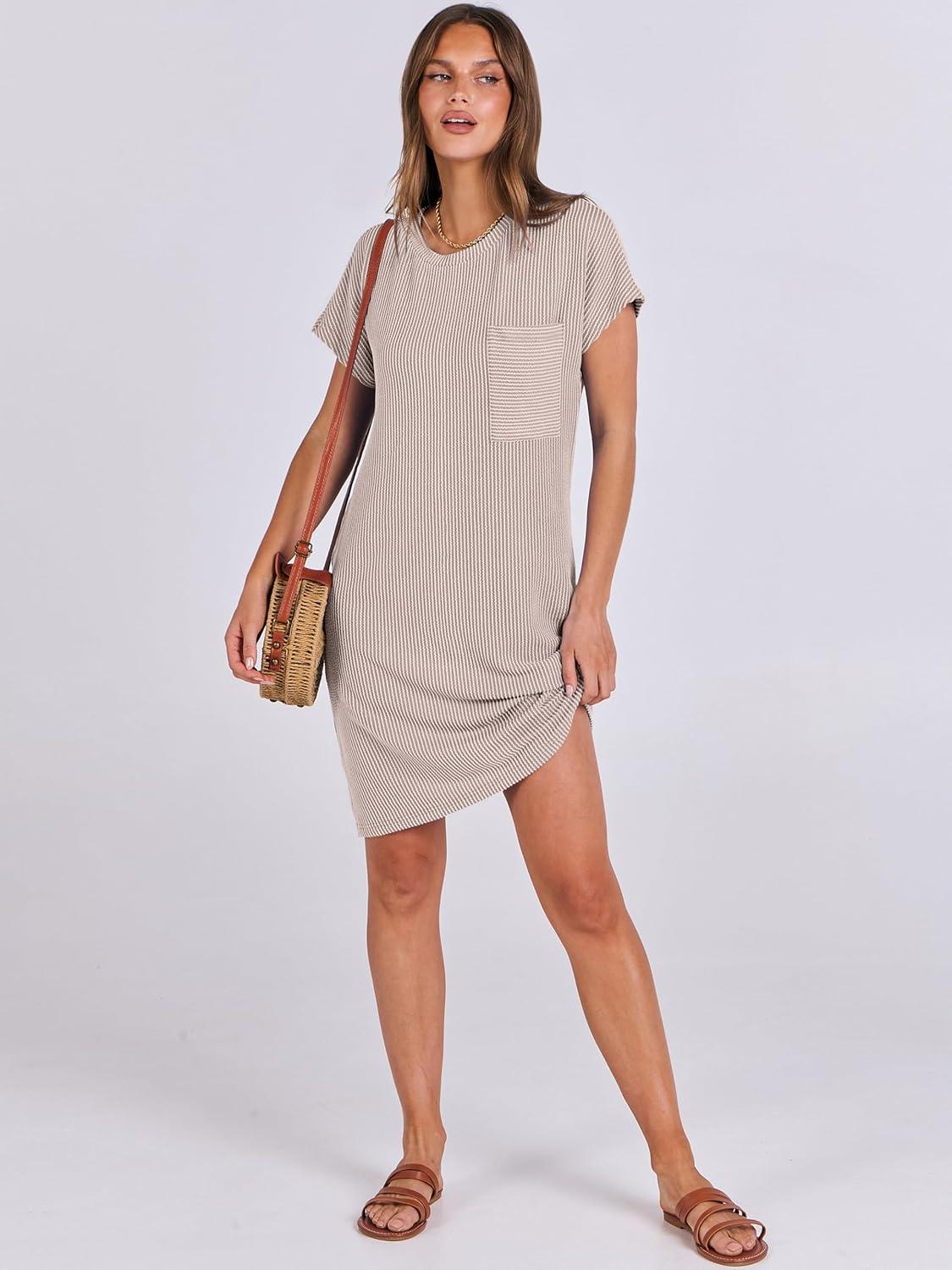imageANRABESS Womens Casual Summer Ribbed Knit Tunic Tshirt Mini Dresses 2025 Trendy Crewneck Short Sleeve Beach Loose Shift DressKhaki