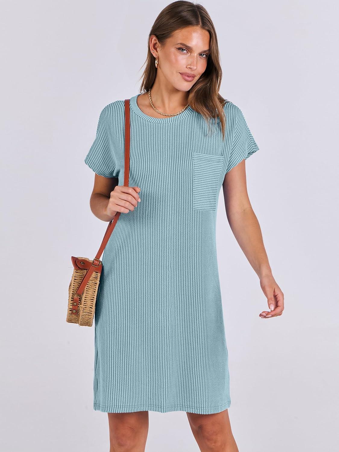 imageANRABESS Womens Casual Summer Ribbed Knit Tunic Tshirt Mini Dresses 2025 Trendy Crewneck Short Sleeve Beach Loose Shift DressLight Blue