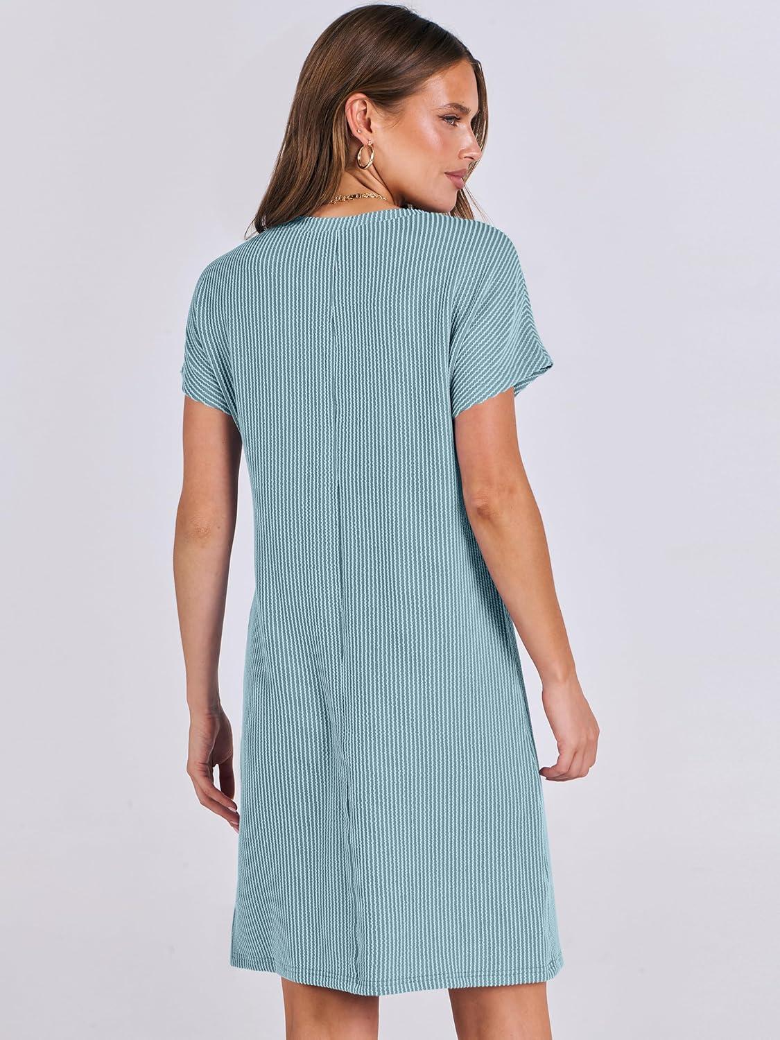 imageANRABESS Womens Casual Summer Ribbed Knit Tunic Tshirt Mini Dresses 2025 Trendy Crewneck Short Sleeve Beach Loose Shift DressLight Blue