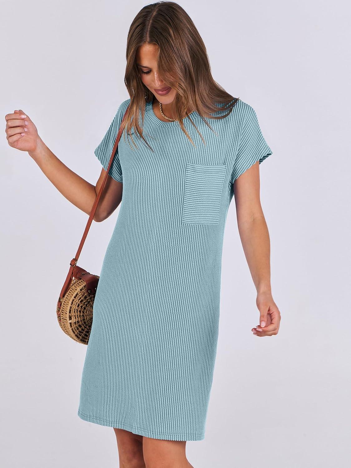 imageANRABESS Womens Casual Summer Ribbed Knit Tunic Tshirt Mini Dresses 2025 Trendy Crewneck Short Sleeve Beach Loose Shift DressLight Blue