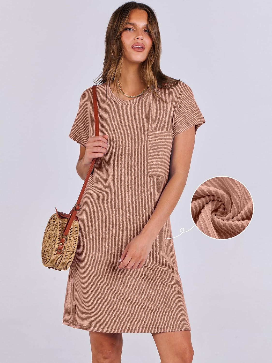 imageANRABESS Womens Casual Summer Ribbed Knit Tunic Tshirt Mini Dresses 2025 Trendy Crewneck Short Sleeve Beach Loose Shift DressLight Brown