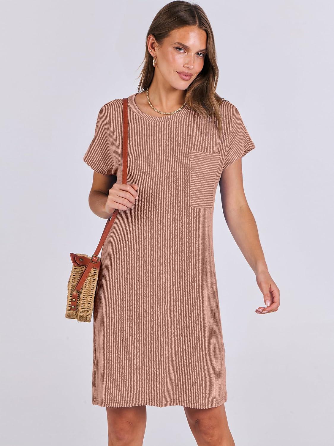 imageANRABESS Womens Casual Summer Ribbed Knit Tunic Tshirt Mini Dresses 2025 Trendy Crewneck Short Sleeve Beach Loose Shift DressLight Brown