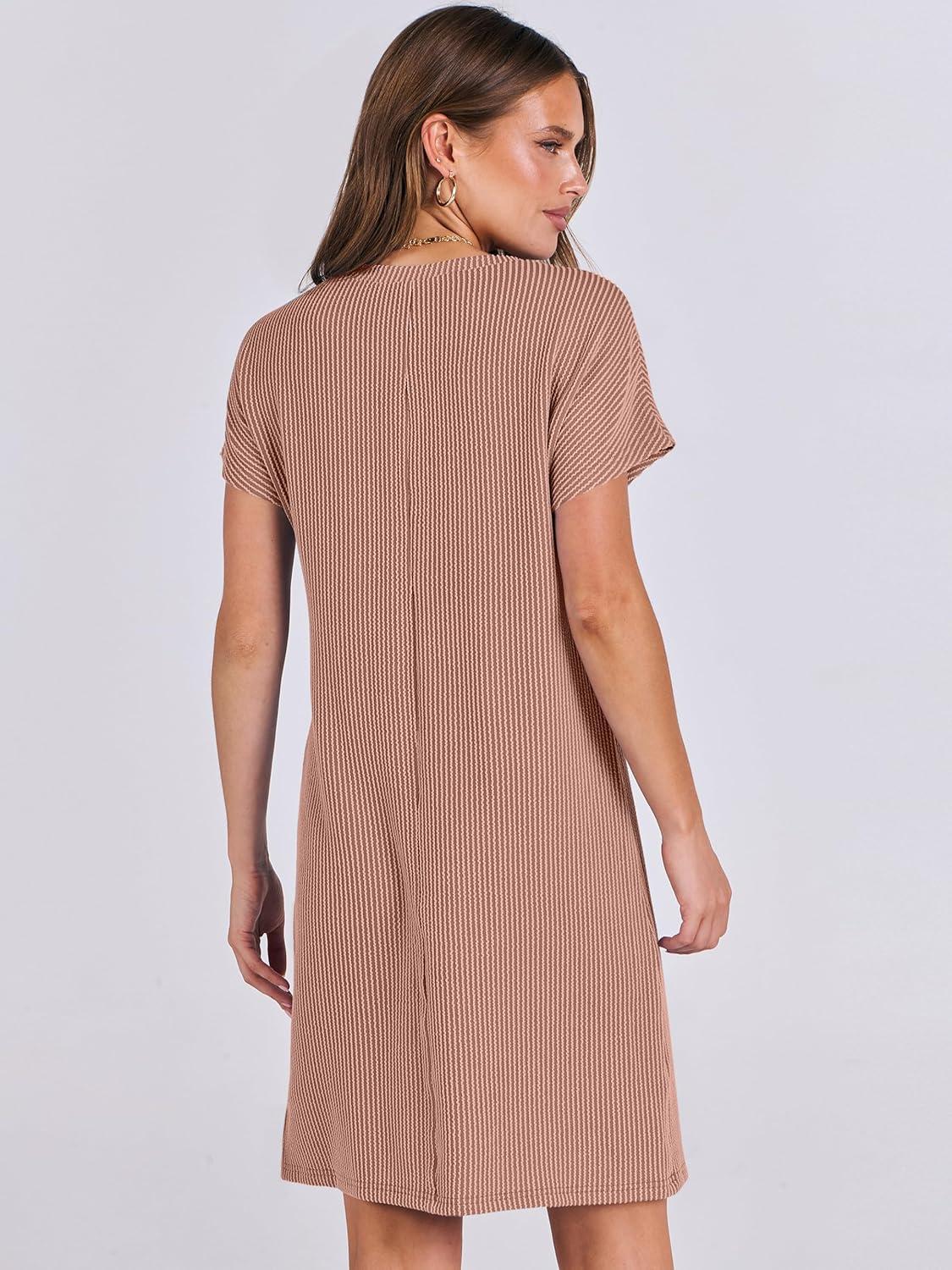imageANRABESS Womens Casual Summer Ribbed Knit Tunic Tshirt Mini Dresses 2025 Trendy Crewneck Short Sleeve Beach Loose Shift DressLight Brown
