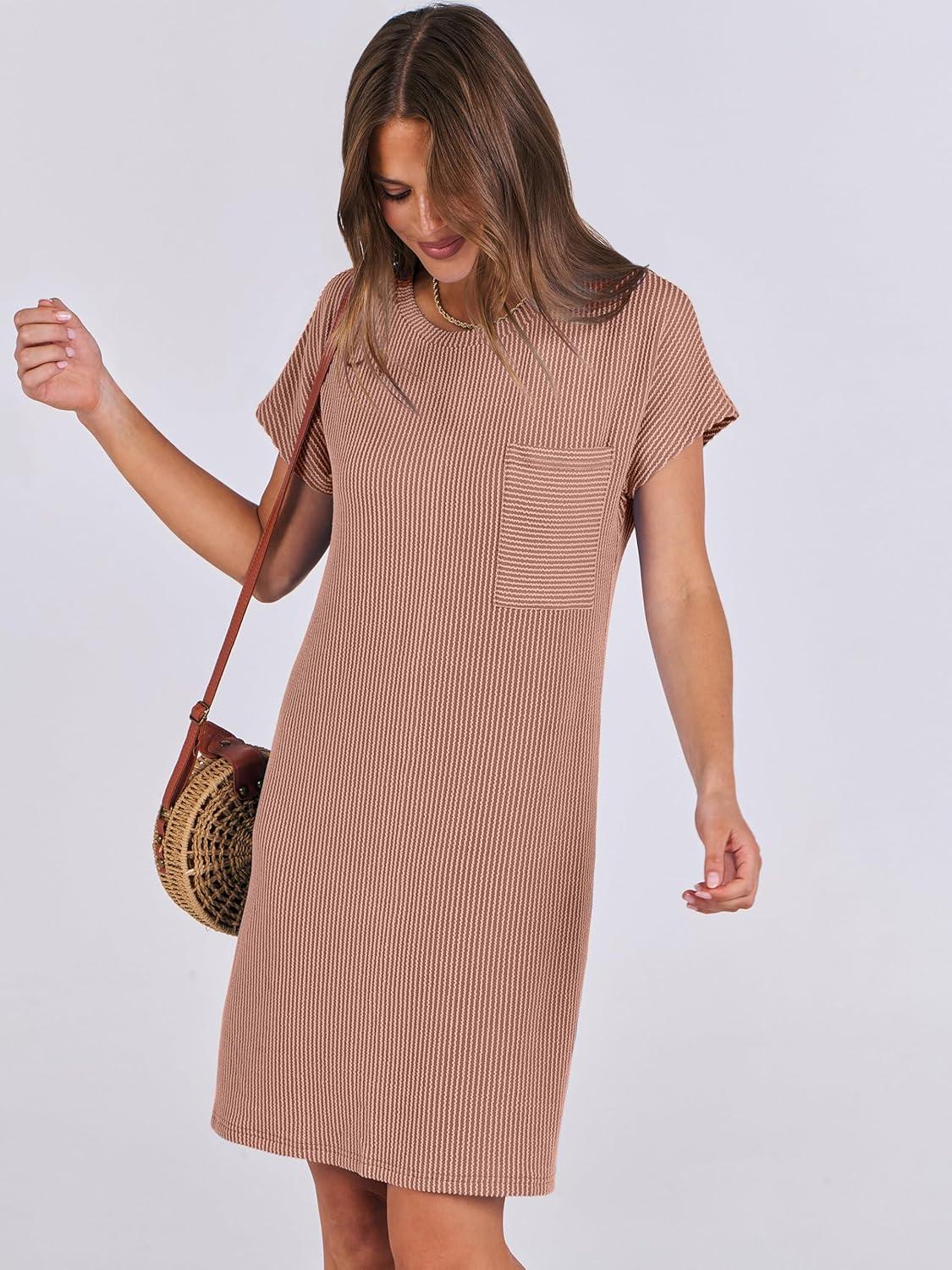 imageANRABESS Womens Casual Summer Ribbed Knit Tunic Tshirt Mini Dresses 2025 Trendy Crewneck Short Sleeve Beach Loose Shift DressLight Brown
