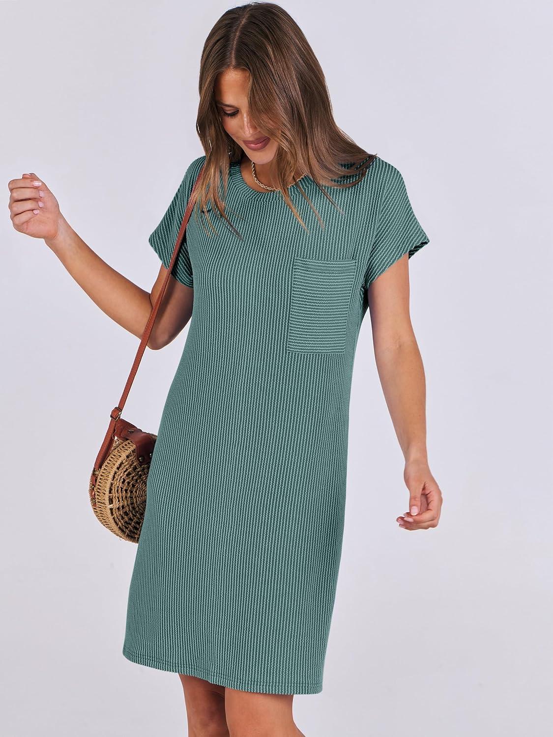 imageANRABESS Womens Casual Summer Ribbed Knit Tunic Tshirt Mini Dresses 2025 Trendy Crewneck Short Sleeve Beach Loose Shift DressLight Green