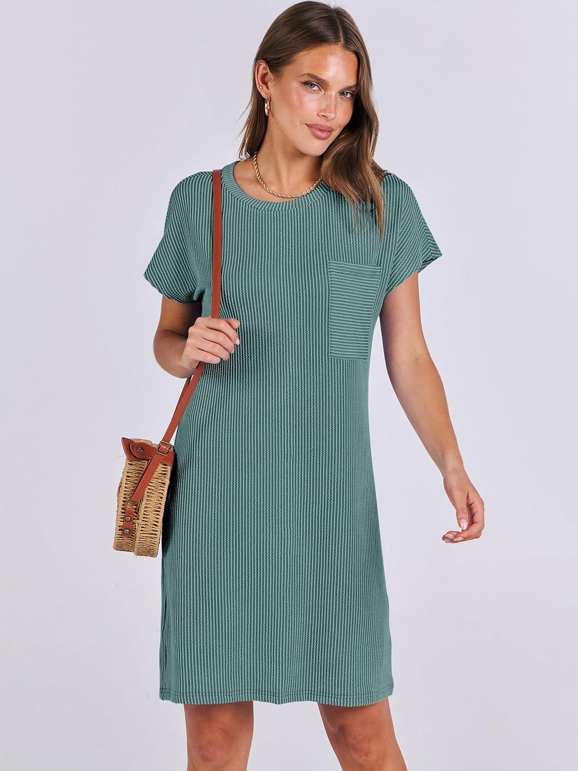 imageANRABESS Womens Casual Summer Ribbed Knit Tunic Tshirt Mini Dresses 2025 Trendy Crewneck Short Sleeve Beach Loose Shift DressLight Green