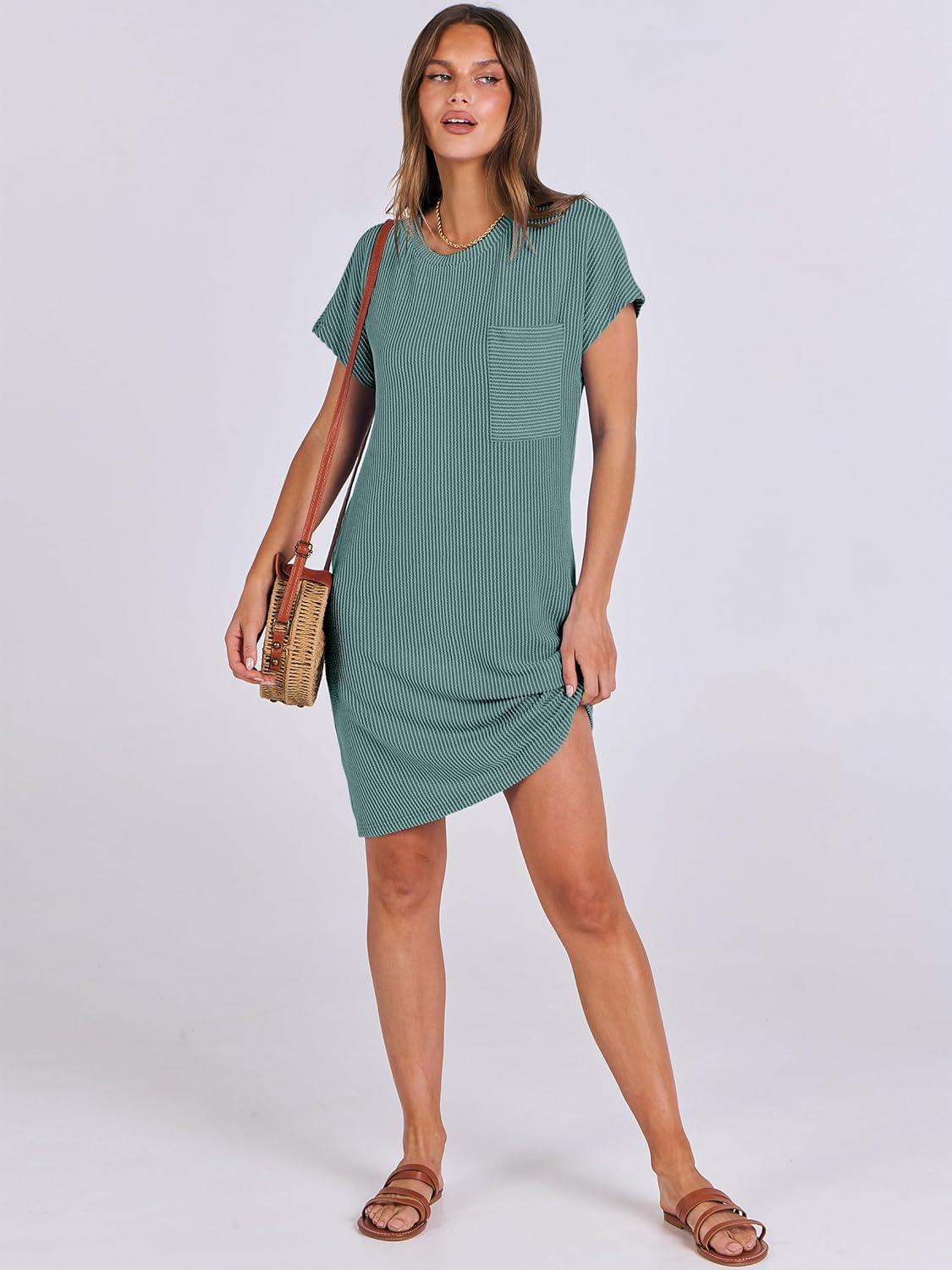 imageANRABESS Womens Casual Summer Ribbed Knit Tunic Tshirt Mini Dresses 2025 Trendy Crewneck Short Sleeve Beach Loose Shift DressLight Green