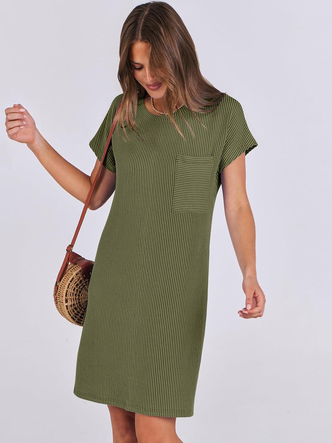 imageANRABESS Womens Casual Summer Ribbed Knit Tunic Tshirt Mini Dresses 2025 Trendy Crewneck Short Sleeve Beach Loose Shift DressOlive