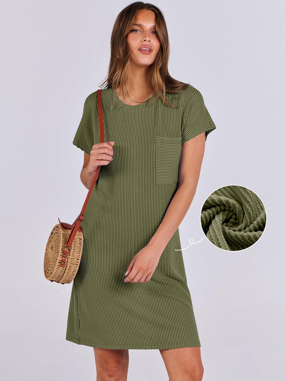 imageANRABESS Womens Casual Summer Ribbed Knit Tunic Tshirt Mini Dresses 2025 Trendy Crewneck Short Sleeve Beach Loose Shift DressOlive