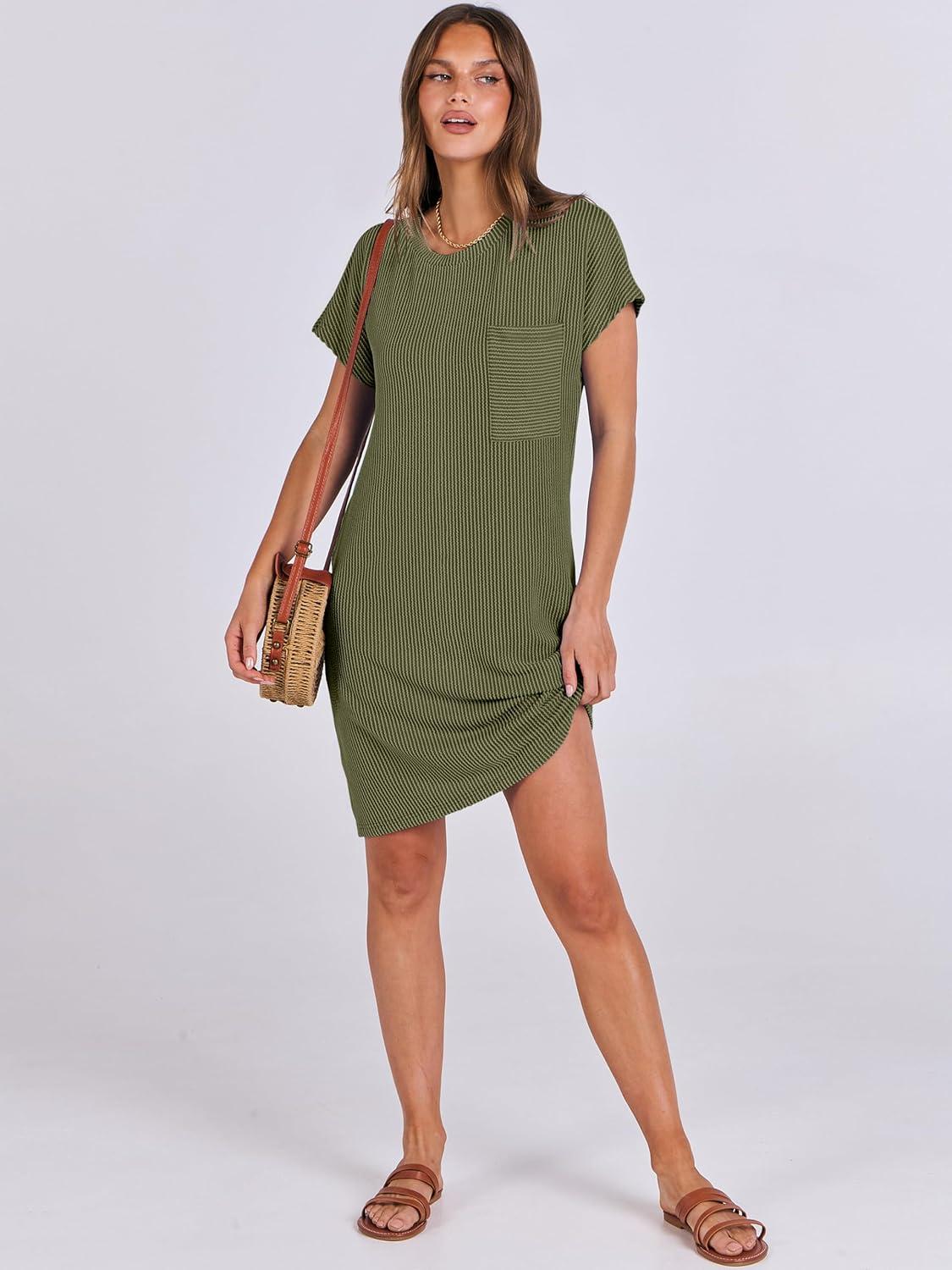 imageANRABESS Womens Casual Summer Ribbed Knit Tunic Tshirt Mini Dresses 2025 Trendy Crewneck Short Sleeve Beach Loose Shift DressOlive
