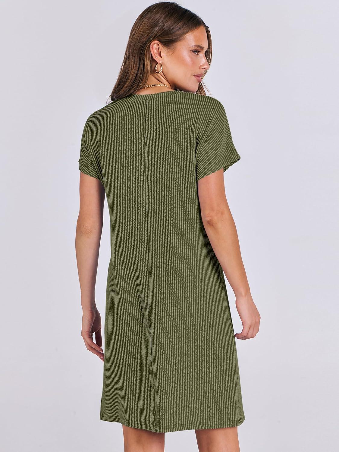 imageANRABESS Womens Casual Summer Ribbed Knit Tunic Tshirt Mini Dresses 2025 Trendy Crewneck Short Sleeve Beach Loose Shift DressOlive