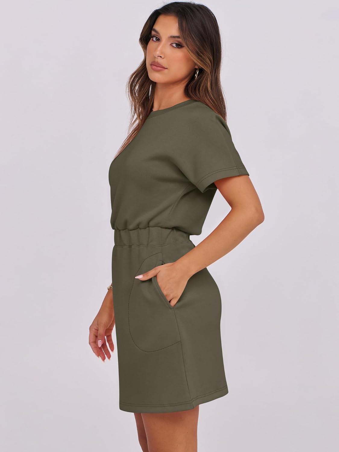imageANRABESS Womens Dresses 2025 Summer Casual Short Sleeve Crew Neck Elastic Waist Mini T Shirt Dress with PocketsArmy Green