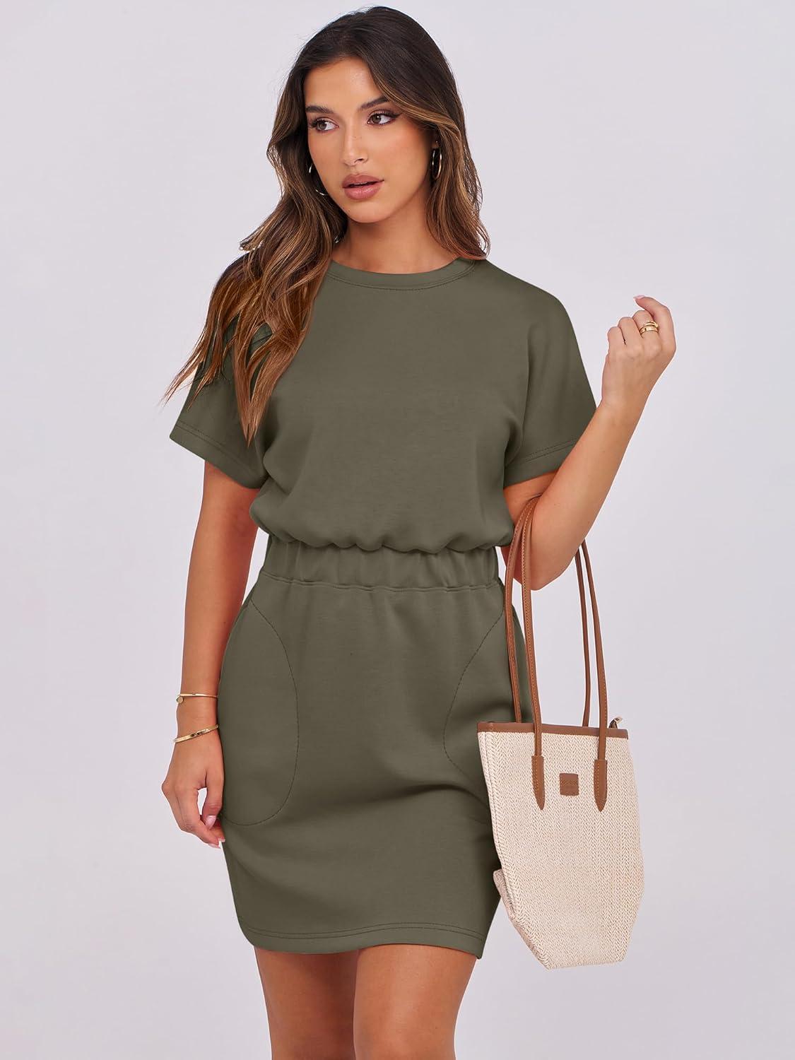 imageANRABESS Womens Dresses 2025 Summer Casual Short Sleeve Crew Neck Elastic Waist Mini T Shirt Dress with PocketsArmy Green