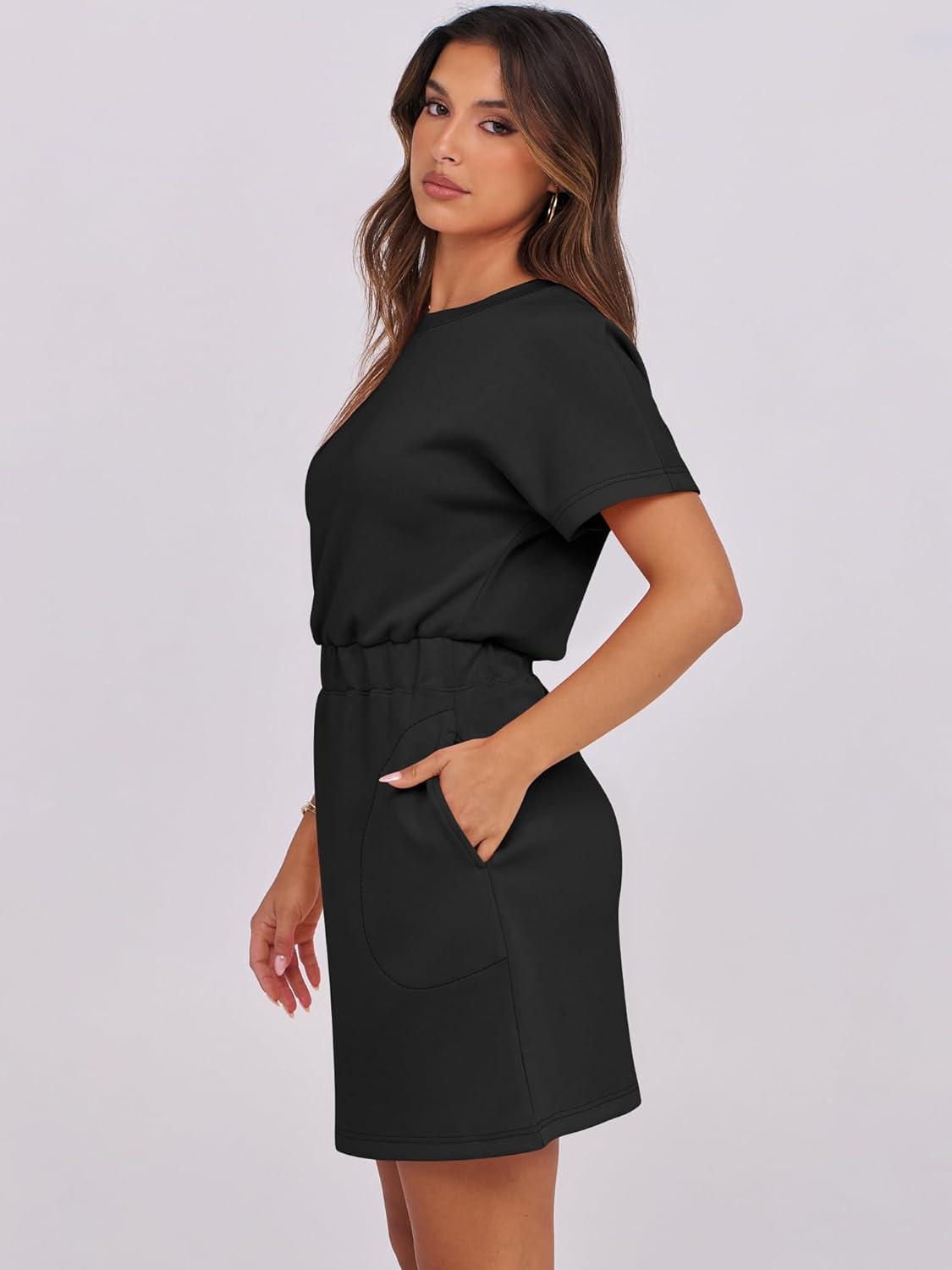 imageANRABESS Womens Dresses 2025 Summer Casual Short Sleeve Crew Neck Elastic Waist Mini T Shirt Dress with PocketsBlack
